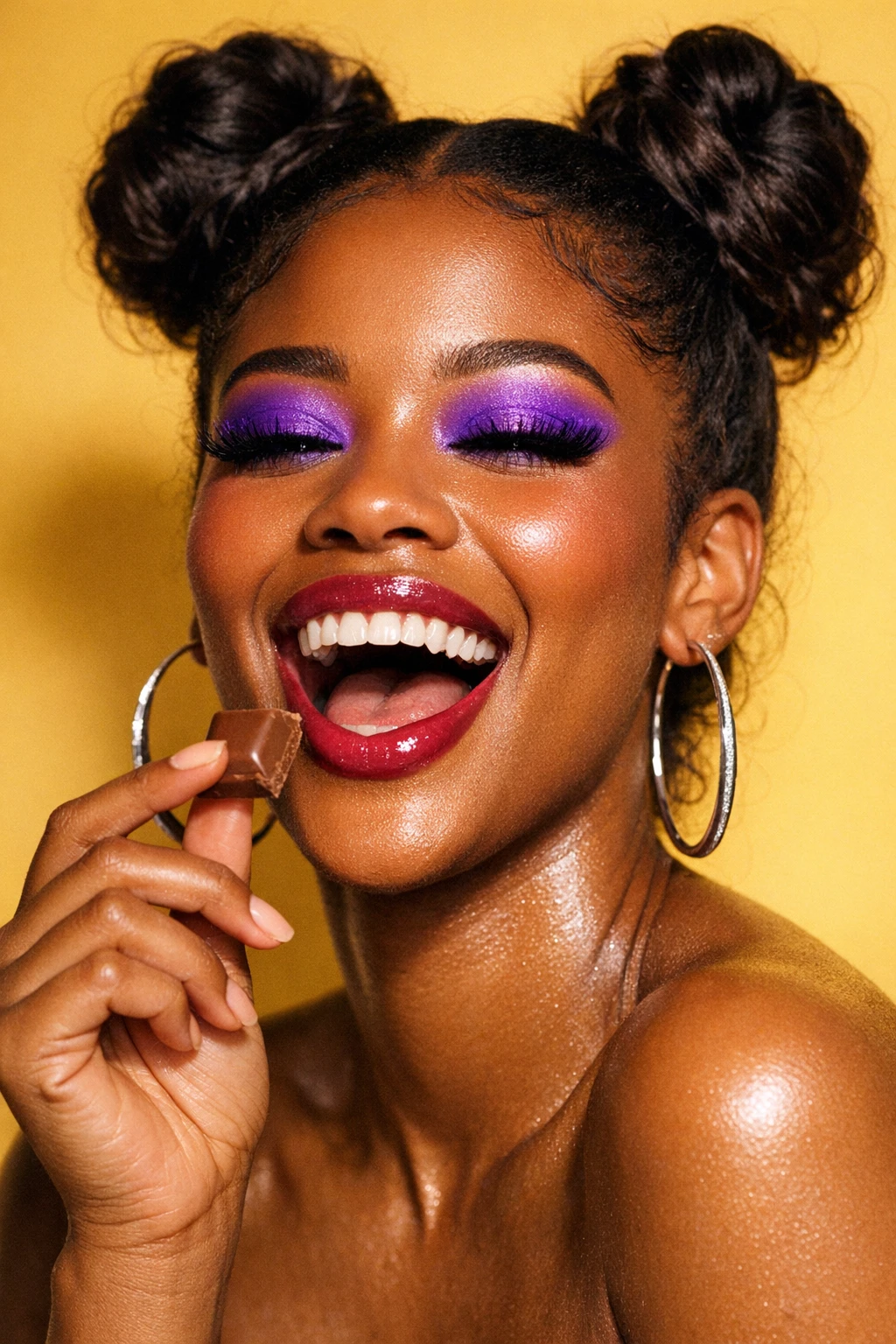 A joyful woman holding a piece of ChocoBelly chocolate