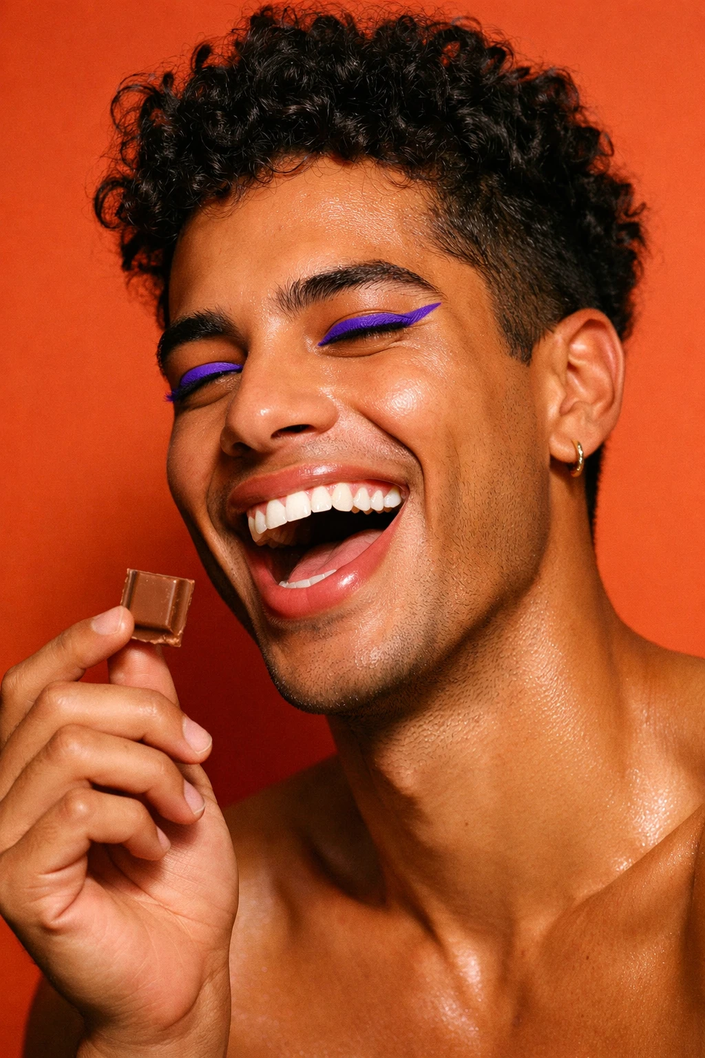 A joyful man enjoying chocolate